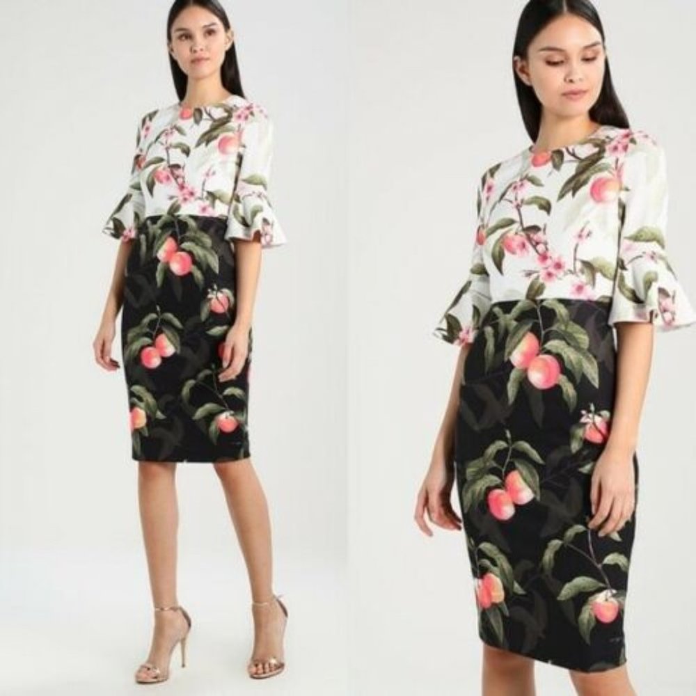 Ted Baker Areea Peach Blossom Leaves Sheath Pencil Cocktail Sheath Dress Small
